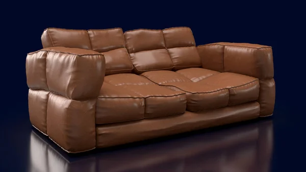 Render Brown Leather Sofa Dark Background Furniture Interior Design — Stock Photo, Image
