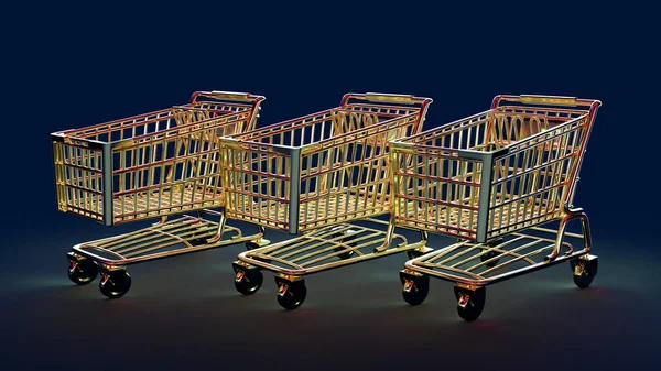 3D渲染三个蓝色底金色购物车与反射式电子逗号 — 图库照片