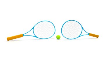 3D, beyaz arka planda iki tenis raketi ve bir tenis topu spor oyunu oluştur