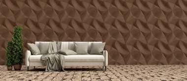 3D beyaz kanepeyi bitki ve 3D panelli iç plan ile donat