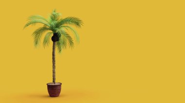 Sarı arka planda hindistan cevizli 3d palmiye ağacı elle yaz tatili arkaplanı