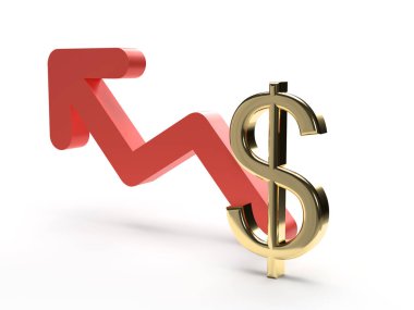 3D işlemeli kırmızı oklu altın sembollü dolar izole oldu