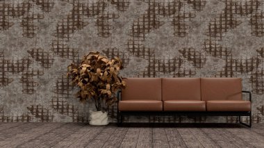 3D kahverengi deri bir çatı katı kanepesi ve yanına mobilya döşeme iç arka planı