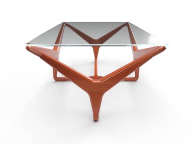 Camdan yüzeyi ve beyaz zemin üzerinde tahta bacağı olan 3D render tavan arası tablo izole