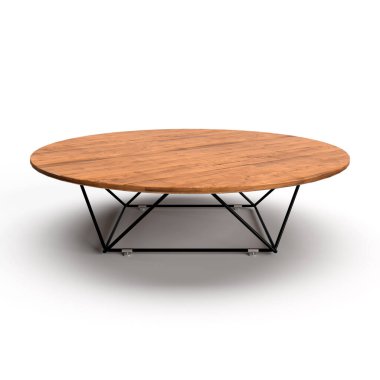 3D yuvarlak ahşap masa ve siyah metal bacaklar alçak masa.