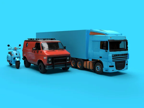 Maken Scooter Minibus Vrachtwagen Een Blauwe Logistieke Achtergrond — Stockfoto