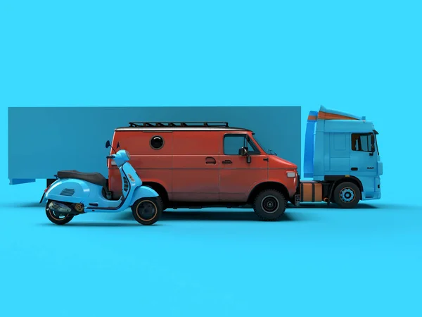 Renderowania Transportu Widok Boku Trzech Typów Skuterze Koła Niebieski Samochód — Zdjęcie stockowe
