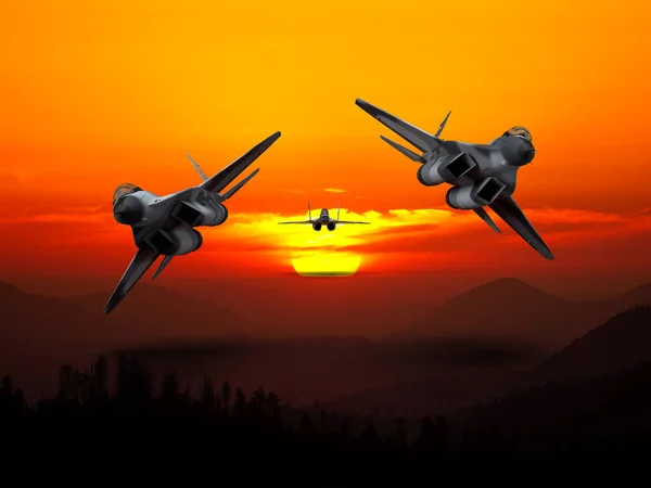 Maken Drie Straaljagers Vliegen Bij Zonsondergang — Stockfoto