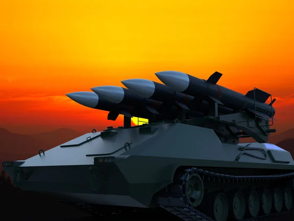 Renderizar Sistema Misiles Cohete Oruga Autopropulsada Atardecer Guerra Ucrania Rusia — Foto de Stock