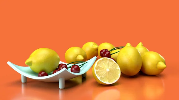 Rendere Limoni Cherrys Sfondo Arancione Con Riflettere Frutta Cibo — Foto Stock