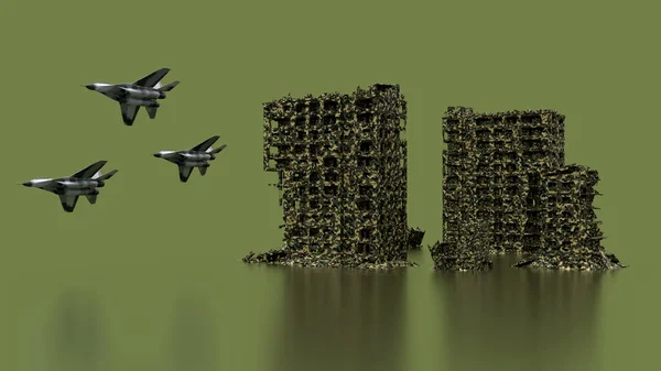 3D使三架飞机轰炸房屋军事伪装破坏战争俄罗斯 — 图库照片