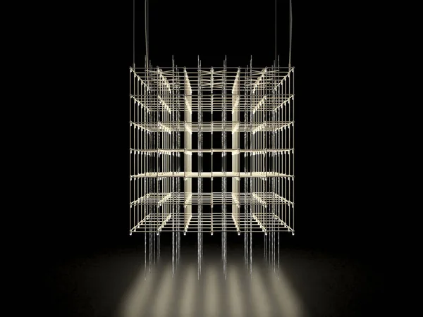 3d render a cube of many small yellow light bulbs glows in the dark