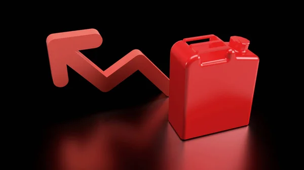 3Dレンダリング上昇燃料価格赤いキャニスター反射と黒の背景に矢印 — ストック写真