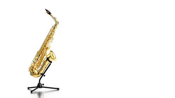 Instrument Musique Couleur Jaune Saxophone Sur Pied Bas Tient Sur — Photo