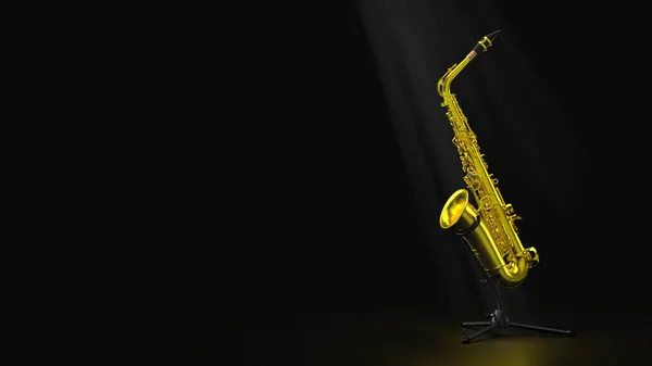 Renderizar Saxofón Dorado Sobre Fondo Negro Publicidad Jazz Lugar Para — Foto de Stock