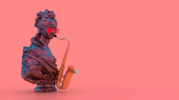 Render Sculpture Woman Playing Golden Saxophone Pink Background Place Text — Stock Photo, Image