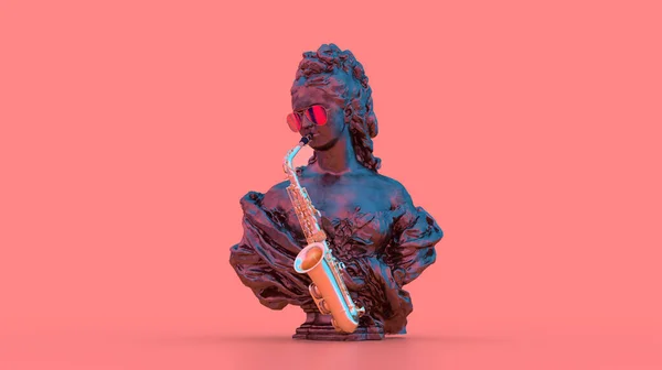 3d render sculpture of a woman playing on a golden saxophone in sunglasses festival of musical arts