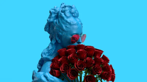 Καθιστούν Γυναίκα Μυρίζει Ένα Μπουκέτο Τριαντάφυλλα Προτομή Ενός Μνημείου Γυναίκα — Φωτογραφία Αρχείου