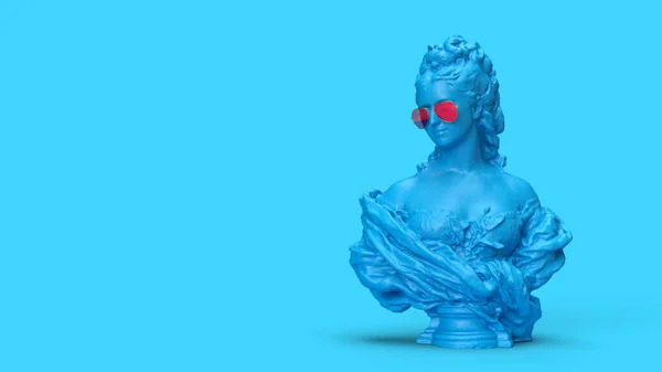 3d render blue sculpture of a woman in pink glasse