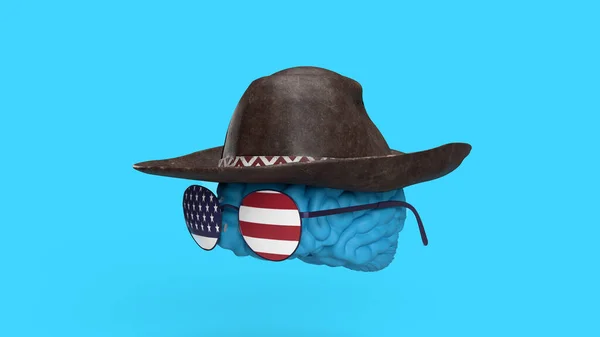 提出美国人的思想或思想的概念 大脑穿着牛仔帽和美国眼镜 — 图库照片