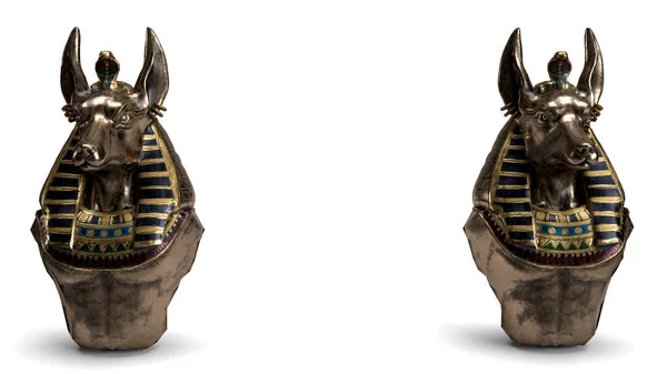 Vykreslit Dvě Zlaté Sošky Anubis Psí Hlavy Egyptské Bílém Pozadí — Stock fotografie