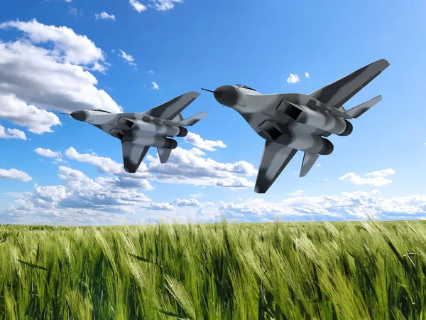 Boyutlu Savaş Uçakları Ukrayna Daki Savaş Sonrası Yeşil Buğday Tarlasına — Stok fotoğraf