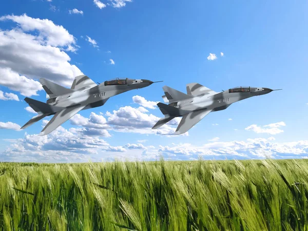 3Dレンダリング2つの軍用機取得高さ戦争でウクライナ晴れ空 — ストック写真