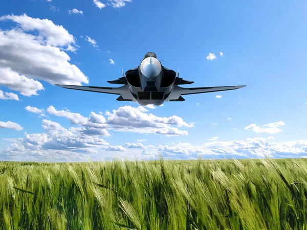 3Dレンダリング戦闘機は非常に低い飛行雲と緑のスパイクレットと日当たりの良い空のフィールド上に平面 — ストック写真