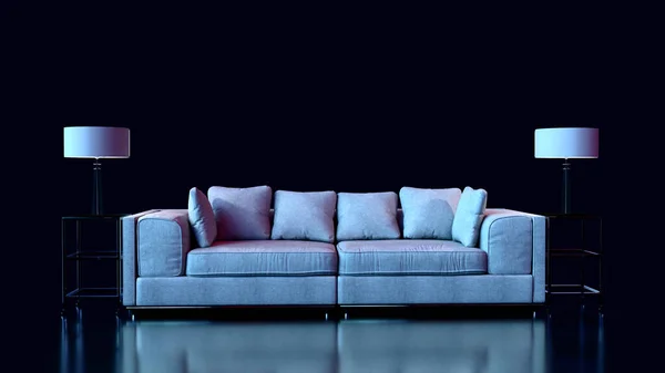 3D画一张沙发靠近沙发 两盏灯和一盏霓虹灯 在暮色中呈现蓝色和粉色 带有倒影 出售室内家具 — 图库照片