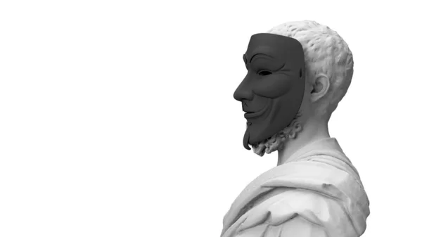 3D将一个戴着黑色匿名面具的男人的灰色半身像呈现在白色背景的侧面 — 图库照片