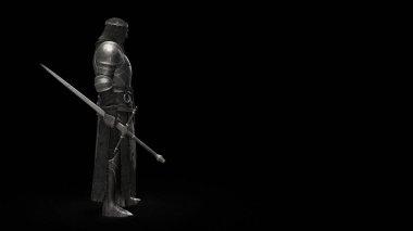 3D render şövalye zırh metal antika siyah arka plan