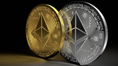 3D iki ethereum sikke altın ve gümüş kripto para