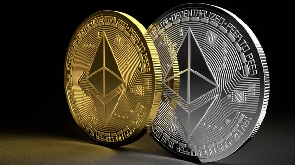 3D iki ethereum sikke altın ve gümüş kripto para