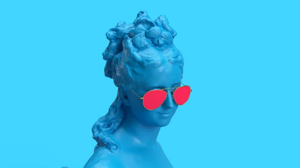 Gøre Hovedet Kvinde Briller Pastel Baggrund Minimalistisk Kunstbaggrund Blå - Stock-foto