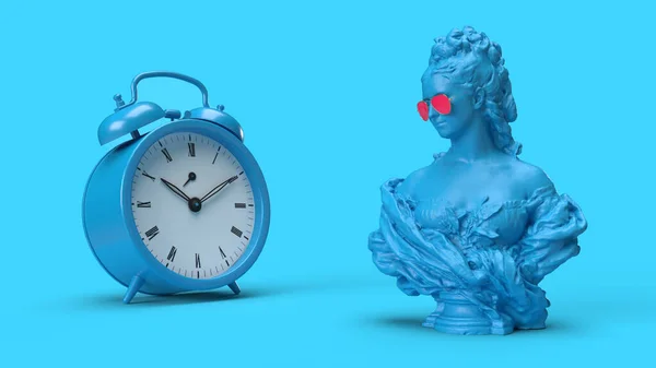 Renderbüste Einer Frau Und Ein Wecker Auf Blauem Hintergrund Warte — Stockfoto