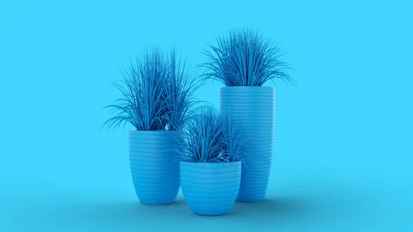 Rendern Drei Töpfe Mit Vasen Blauer Farbe Abstrakten Hintergrund — Stockfoto