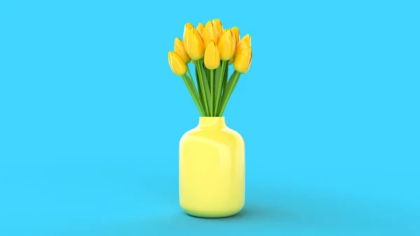 Rendere Fiori Tulipano Giallo Vaso Uno Sfondo Blu — Foto Stock