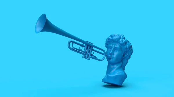 Render Man Spelar Trumpet Konst Bakgrund Blå Romersk Grekiska Moderna — Stockfoto