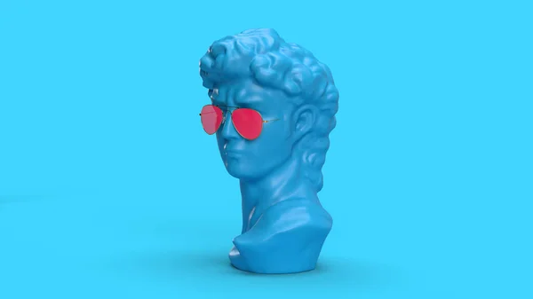 Render Antigo Busto Cabeça David Óculos Fundo Azul Óculos Rosa — Fotografia de Stock