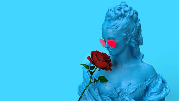 Καθιστούν Προτομή Μιας Γυναίκας Μυρίζει Ένα Άγαλμα Τριαντάφυλλο Μπλε Κόκκινο — Φωτογραφία Αρχείου