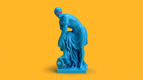 3d render sculpture of a man in full height in blue color on a yellow background