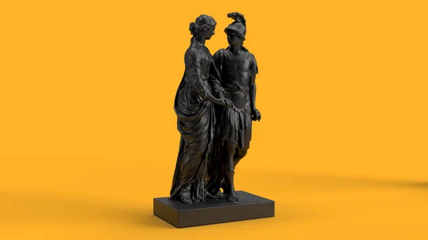 Representar Dos Estatuas Negras Sobre Fondo Amarillo Una Mujer Escolta — Foto de Stock