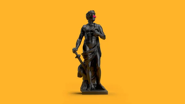 3D渲染黄色背景下孤立的黑色雕塑 — 图库照片