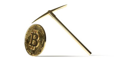 3D render bitcoin para madencilik altın madeni para ve beyaz arka planda kylo