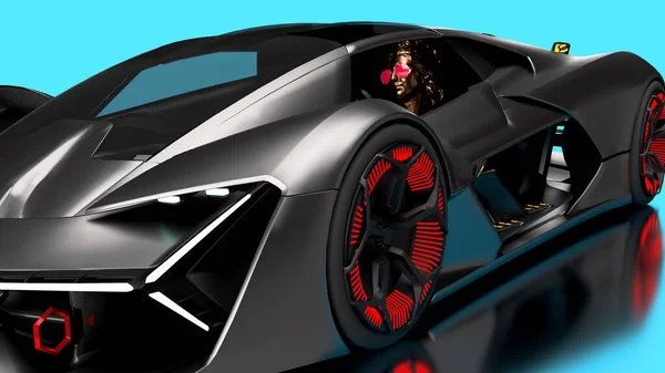 3Dレンダリングスーパー黒車とともにFeflectionバストの女性運転青の背景 — ストック写真