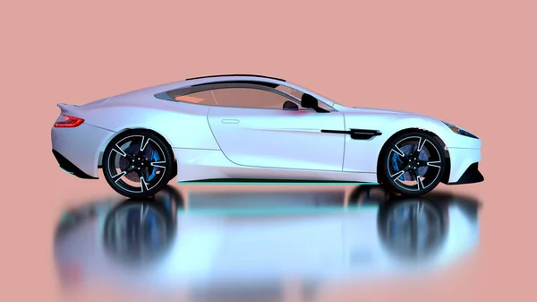 3d render super car with feflection grey white color and pink bacground