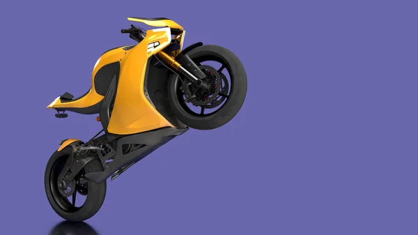 3Dレンダリング黄色のオートバイで野生の背景に非常に滑りやすい傾向色のオートバイ上の後輪動的動き — ストック写真