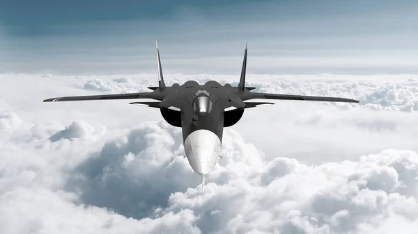 3Dレンダリング高速戦闘機ジェットがフレームに直接飛ぶ 翼のスパンが表示され 曇った空 — ストック写真