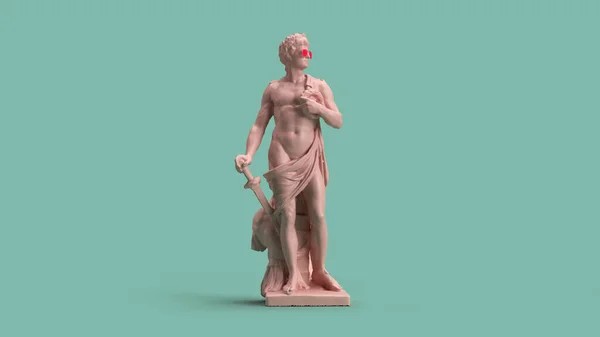 Візуалізація Скульптури Молодого Чоловіка Рожевий Мармур Зелений Пастельний Фон — стокове фото