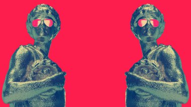 3d render two metal statues green shiny in glasses in rose background